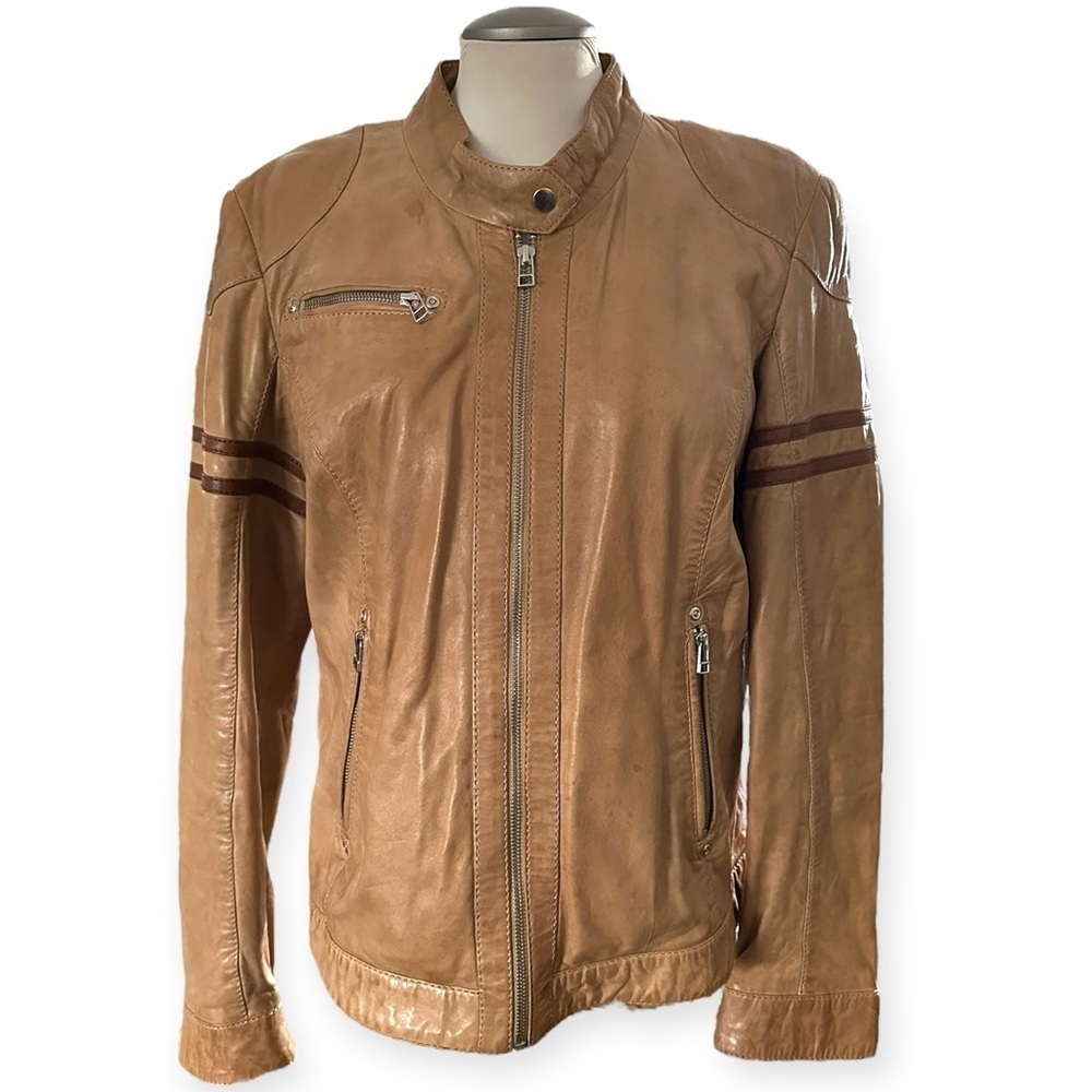 Danier Ladies Tan Leather Moto Jacket - Size Large - Picture 3 of 13
